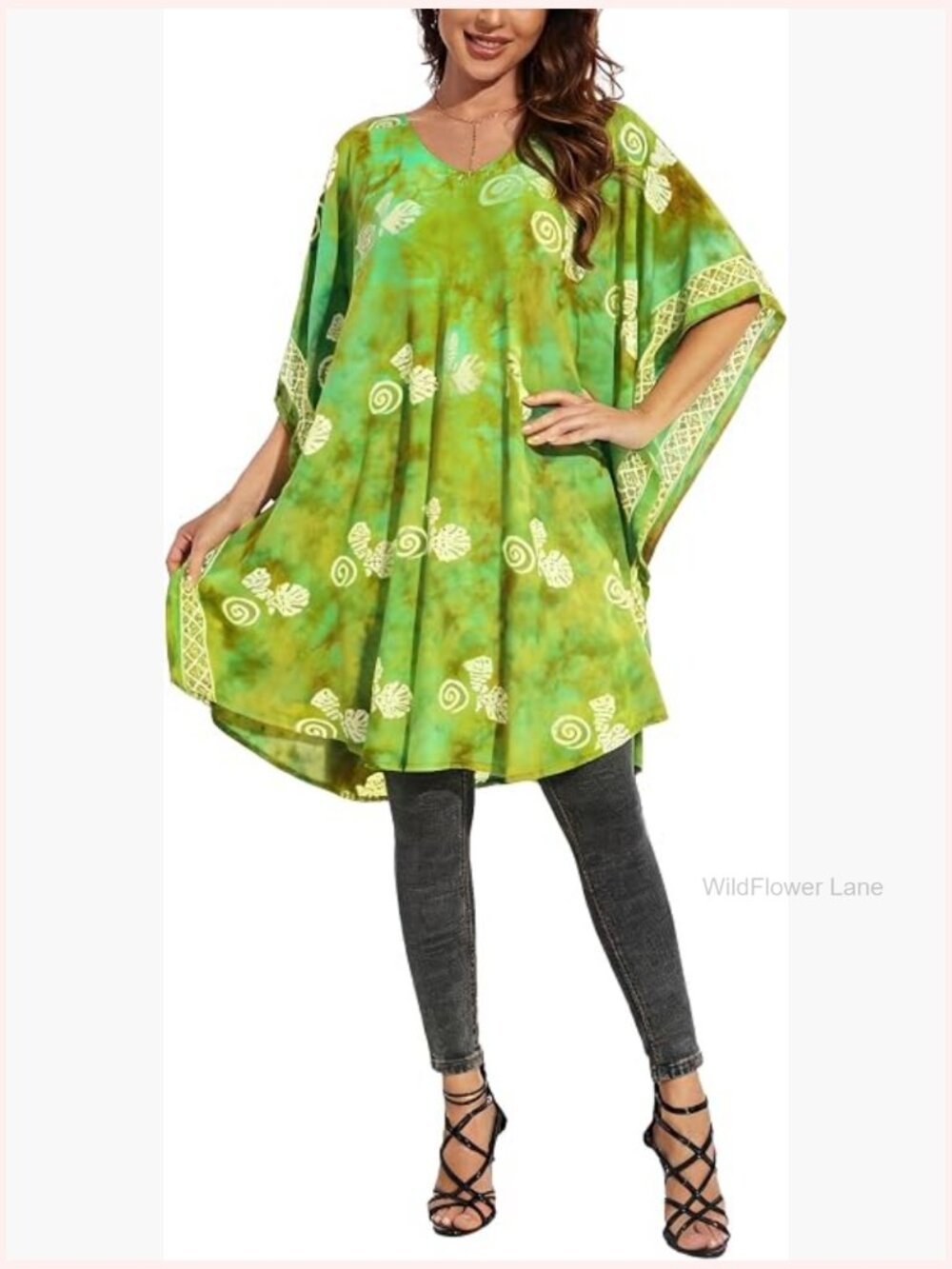 Plus Size Batik Short Kaftan Tunic Top Short Sleeve V-Neck Loose Fit